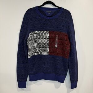 Tommy Hilfiger Sweater Mens Blue 100% Cotton Knit Fair Isle Flag Size M NWT